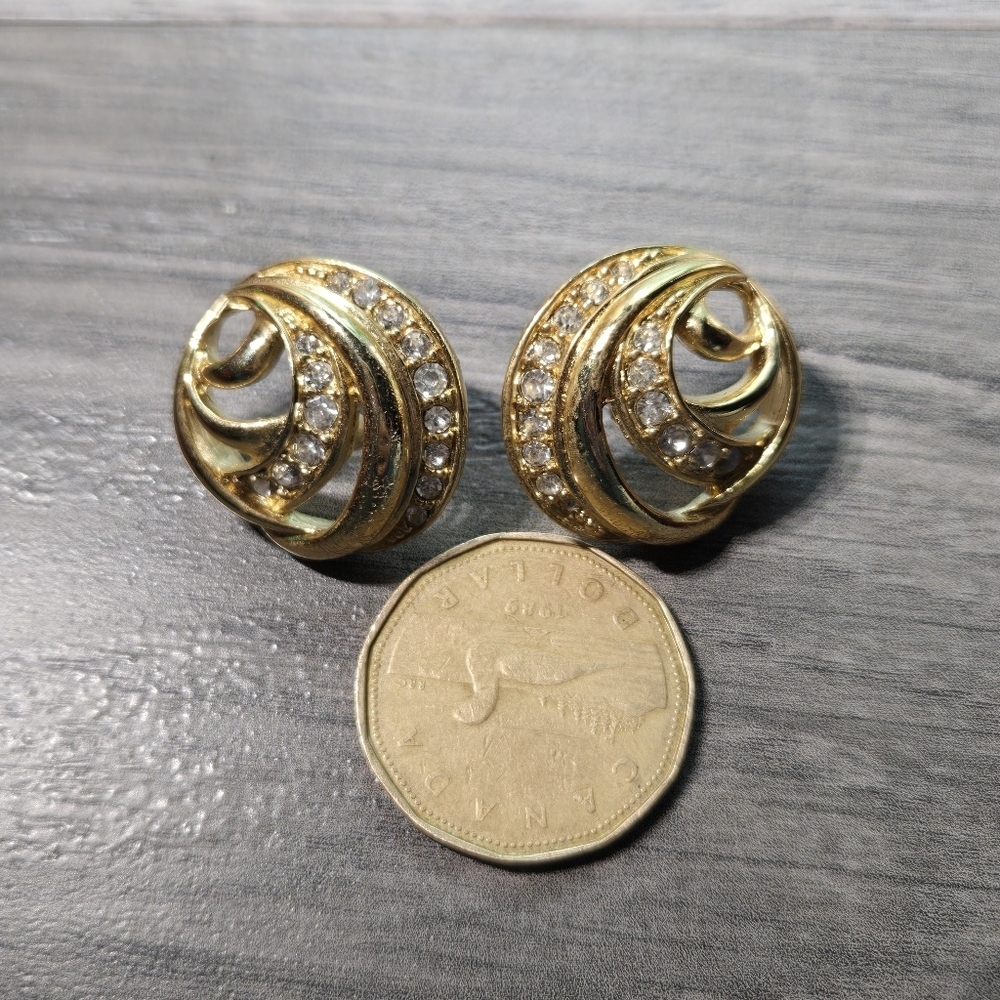 Vintage Elegant Gold and Rhinestone Swirl Earrings - Picture 4 of 5